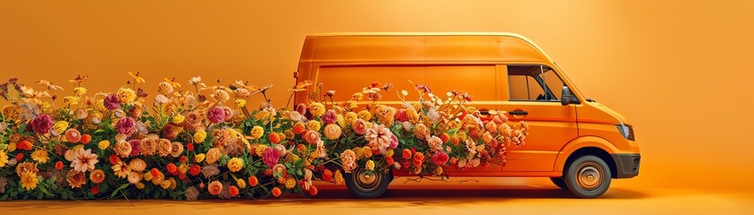 An orange van with vibrant flowers spilling out of the back, against an orange background