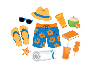 Summer beach accessories for Men icon set vector isolated on a white background. Swimming trunks, towel, sunscreen, sun hat, book, sunglasses, flip flops, food and drink vector illustration