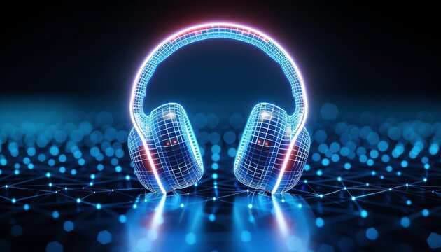 Futuristic headphones glowing with neon lights representing advanced technology and digital music experience in a modern tech environment.