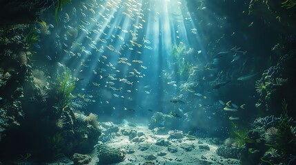 Fototapeta premium Create an image of an underwater world entwined with psychological elements, using unique lighting techniques to evoke mystery and wonder