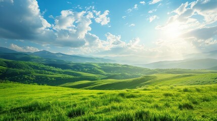Sunlit Green Hills and Blue Sky Landscape
