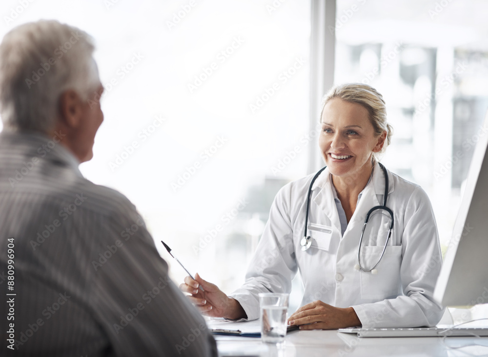 Poster Woman, doctor and senior patient in consultation for clinical trial recruitment in reverse aging, lifespan and healthcare. Happy medical professional with checklist, document and helping with advice