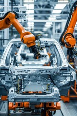 Robotic arms working on a car frame in a hightech assembly line