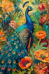 Vibrant peacock surrounded by colorful flowers and lush greenery