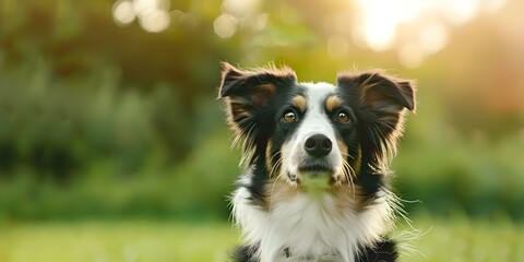 Fototapeta premium Dog obediently sitting during online training session. Concept Dog Training, Online Sessions, Obedience, Pet Behavior, Virtual Coaching