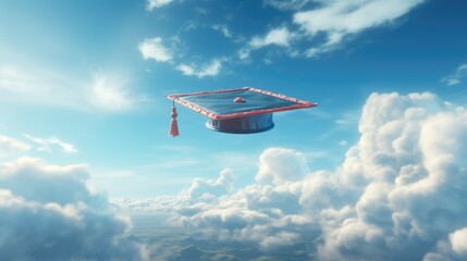 Academic cap floating in a blue sky