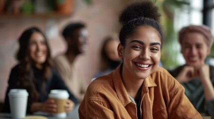 Smiling Multiracial Friends Taking a Coffee Break in a Cozy Cafe