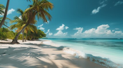 The white sandy beaches, with clear blue waters and lush greenery on both sides. The turquoise ocean meets the sky in perfect harmony, creating an idyllic beach scene that is suitable for travel