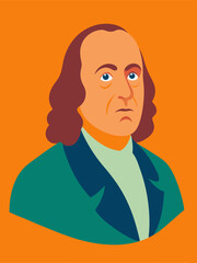 Cartoon of a man with long hair, green jacket on orange background