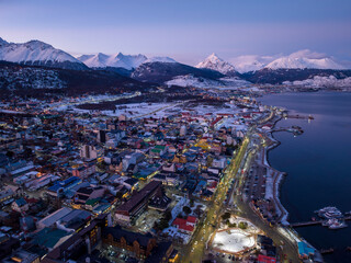 Aerial view of the City of Ushuaia at sunset.