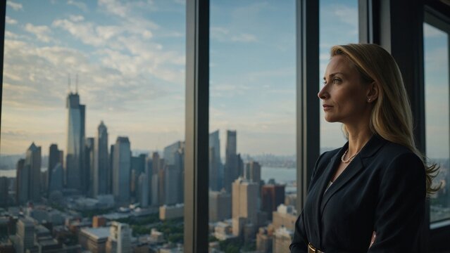 A businesswoman in a formal dress standing by a window and looking out