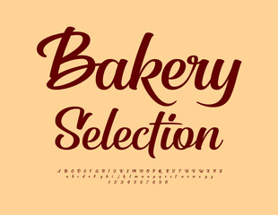 Obraz premium Vector stylish poster Bakery Selection. Brown elegant Font. Beautiful Cursive Alphabet Letters and Numbers set. 