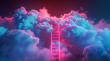 Step ladder leading to clouds. Stairway to the cloud on a neon background