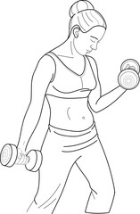 Woman Doing workout with dumbbells, Hand drawn in thin line style