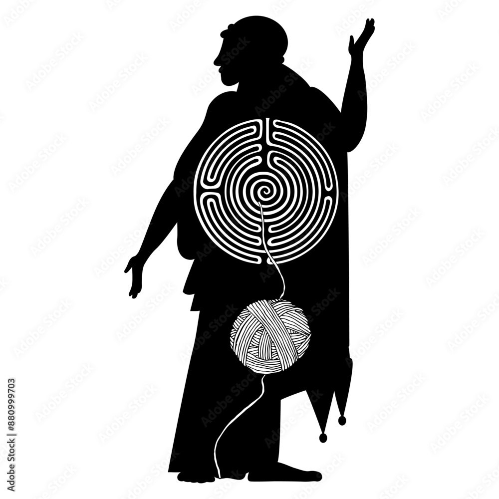 Wall mural ariadne's thread. round spiral maze or labyrinth symbol and a yarn ball inside female silhouette. cr