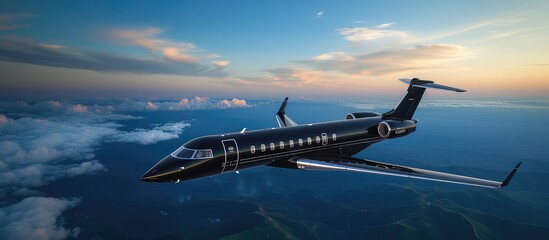 Obraz premium Black luxury business jet flying above clouds in dramatic sunset light. A radiant jewel, soaring through heavens, trailing stardust.