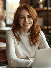 A woman sits at a desk with a laptop open in front of her, typing away