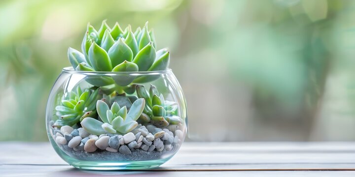 Charming Display Small Glass Terrarium with Succulents and Decorative Stones. Concept Gardening, Succulents, Terrariums, Home Decor, Plants