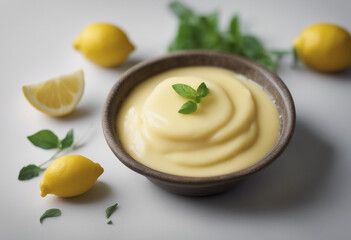 zesty lemon butter sauce in a small dish, garnished with a lemon twist, ad shot, copy space for text