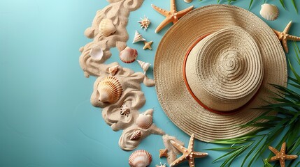 summer flat lay composition,straw hat,seashells on sandy color background top view overhead