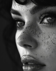 Obraz premium Black and white Portrait of a woman's face, highlighting her expressive eyes and textured skin Headshot Close up