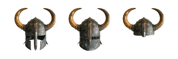 Medieval Viking helmet with curved sharp horns. Front and back view and simpler styled helmet. Transparent background PNG.