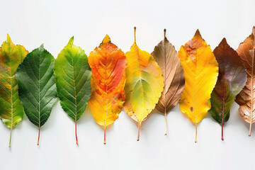 A collection of colorful autumn leaves arranged in rows on a white background.
