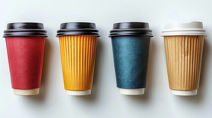takeaway paper cups of coffee on white background flat lay top view