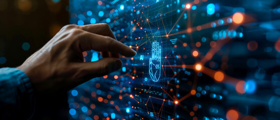 Businessman hand touch "AI" panel of abstract communication, Innovation future. AI deep learning, AI big data, Machine learning, Digital technology, Algorithm, Data cyber, Internet network connection