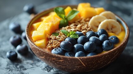 Delicious Fruit Bowl with Mango, Banana, and Blueberries