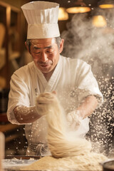 Skilled Ramen Chef Tossing Flour in Traditional Kitchen: Noodle-Making Expertise for Authentic Japanese Cuisine and Restaurant Advertising