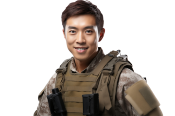 Smiling Asian soldier on transparent background. Smiling Asian soldier isolated on transparent background png cutouts. Army World. Chinese army. Image for graphic designer. Image for flyers. 