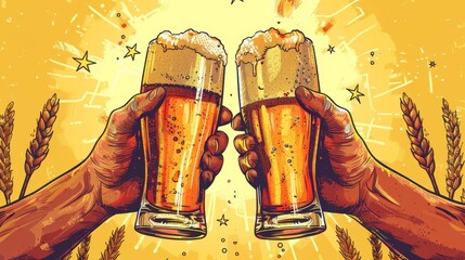 A vibrant graphic design for Beer Day showcasing two hands toasting with foamy beer glasses The background is a sunny yellow with a pattern of wheat sheaves