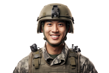 Smiling Asian soldier on transparent background. Smiling Asian soldier isolated on transparent background png cutouts. Army World. Chinese army. Image for graphic designer. Image for flyers. 