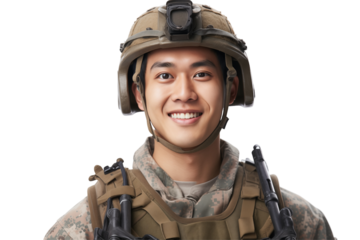 Smiling Asian soldier on transparent background. Smiling Asian soldier isolated on transparent background png cutouts. Army World. Chinese army. Image for graphic designer. Image for flyers. 