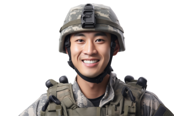 Smiling Asian soldier on transparent background. Smiling Asian soldier isolated on transparent background png cutouts. Army World. Chinese army. Image for graphic designer. Image for flyers. 