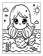 Mermaid Coloring Page isolated on transparent PNG background Generative AI
