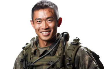 Smiling Asian soldier on transparent background. Smiling Asian soldier isolated on transparent background png cutouts. Army World. Chinese army. Image for graphic designer. Image for flyers. 