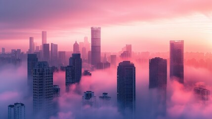 Fototapeta premium A city skyline is covered in a thick fog