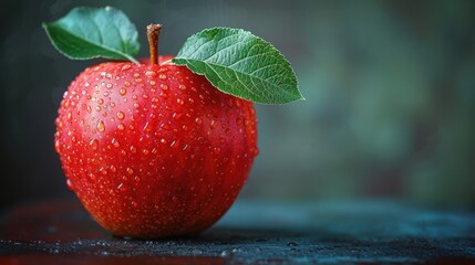 Vibrant Red Apple with Leaf on Green Background - Fresh and Healthy Food Photography