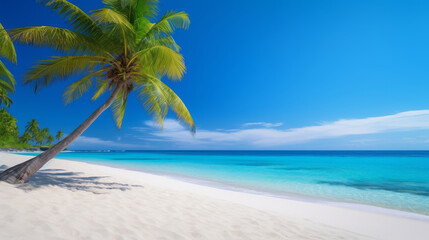 Beautiful natural tropical landscape, beach with white sand and Palm tree leaned over calm wave.