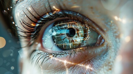 A woman's eye is shown with a blue and green screen around it