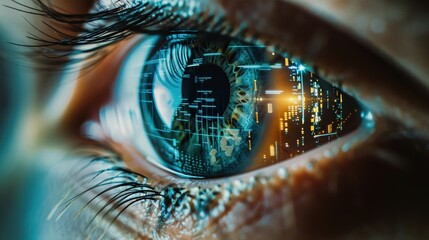 A close up of a person's eye with a computer chip in the iris