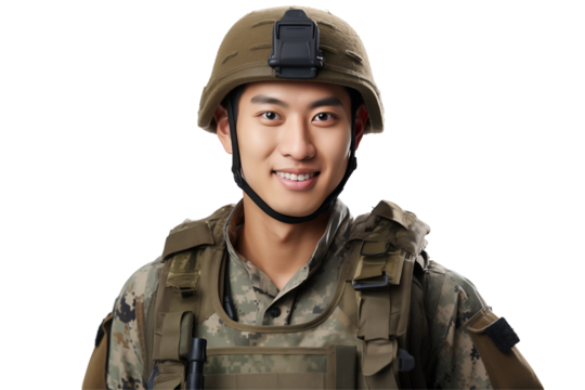 Smiling Asian soldier on transparent background. Smiling Asian soldier isolated on transparent background png cutouts. Army World. Chinese army. Image for graphic designer. Image for flyers. 