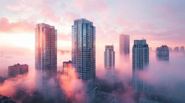 A city skyline with foggy clouds and a pink sky