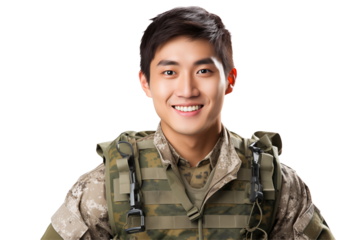 Smiling Asian soldier on transparent background. Smiling Asian soldier isolated on transparent background png cutouts. Army World. Chinese army. Image for graphic designer. Image for flyers. 