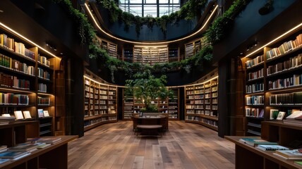 Fototapeta premium A photorealistic image of a brightly lit library interior with floor-to-ceiling bookshelves and lush green plants.