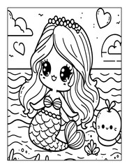 Mermaid Coloring Page isolated on transparent PNG background Generative AI