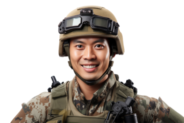 Smiling Asian soldier on transparent background. Smiling Asian soldier isolated on transparent background png cutouts. Army World. Chinese army. Image for graphic designer. Image for flyers. 