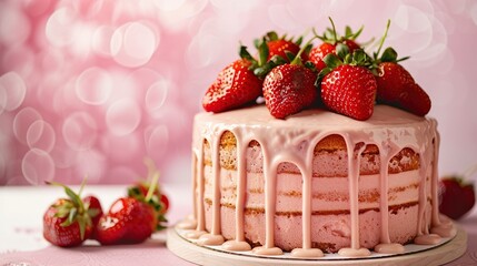 A pink cake with strawberries on top